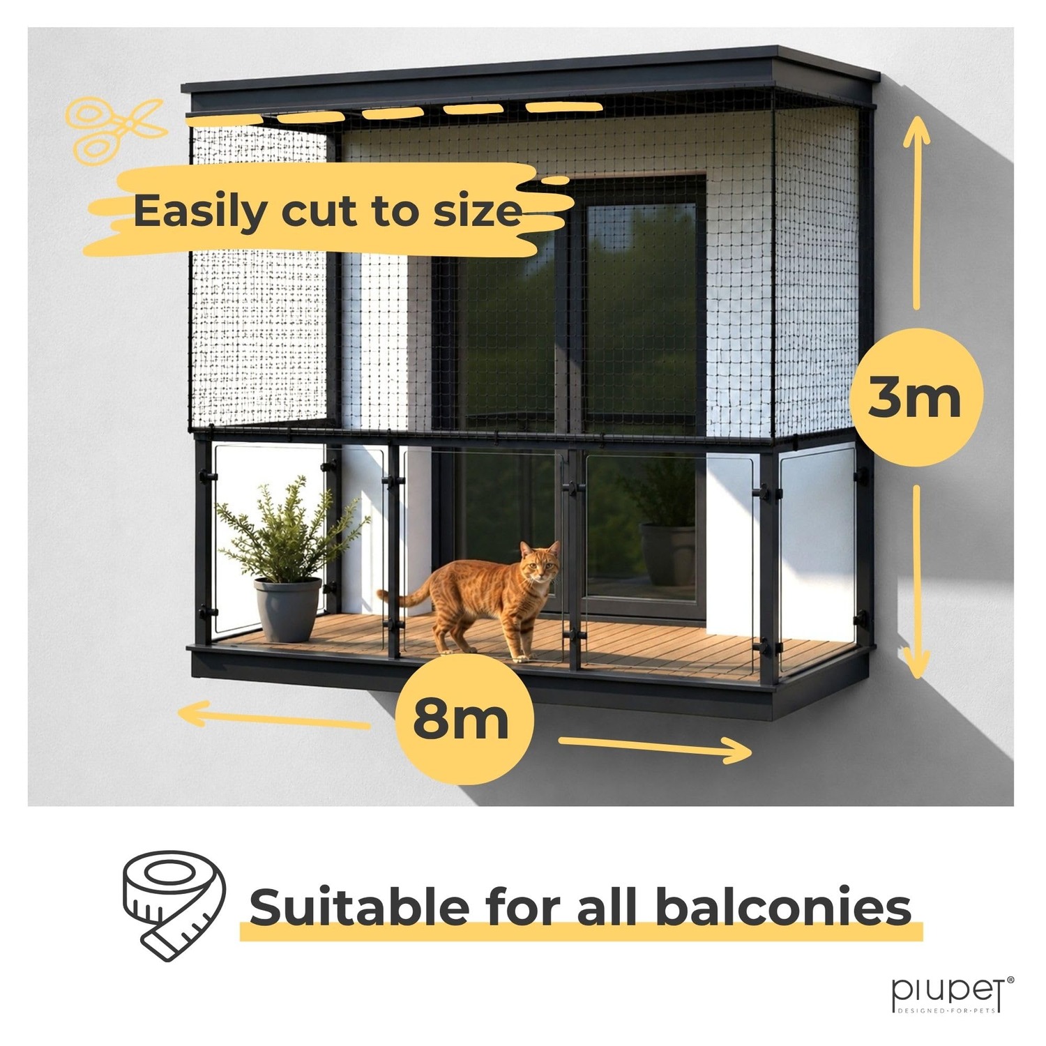 PiuPet Wire Reinforced Cat Safety Net 8m x 3m