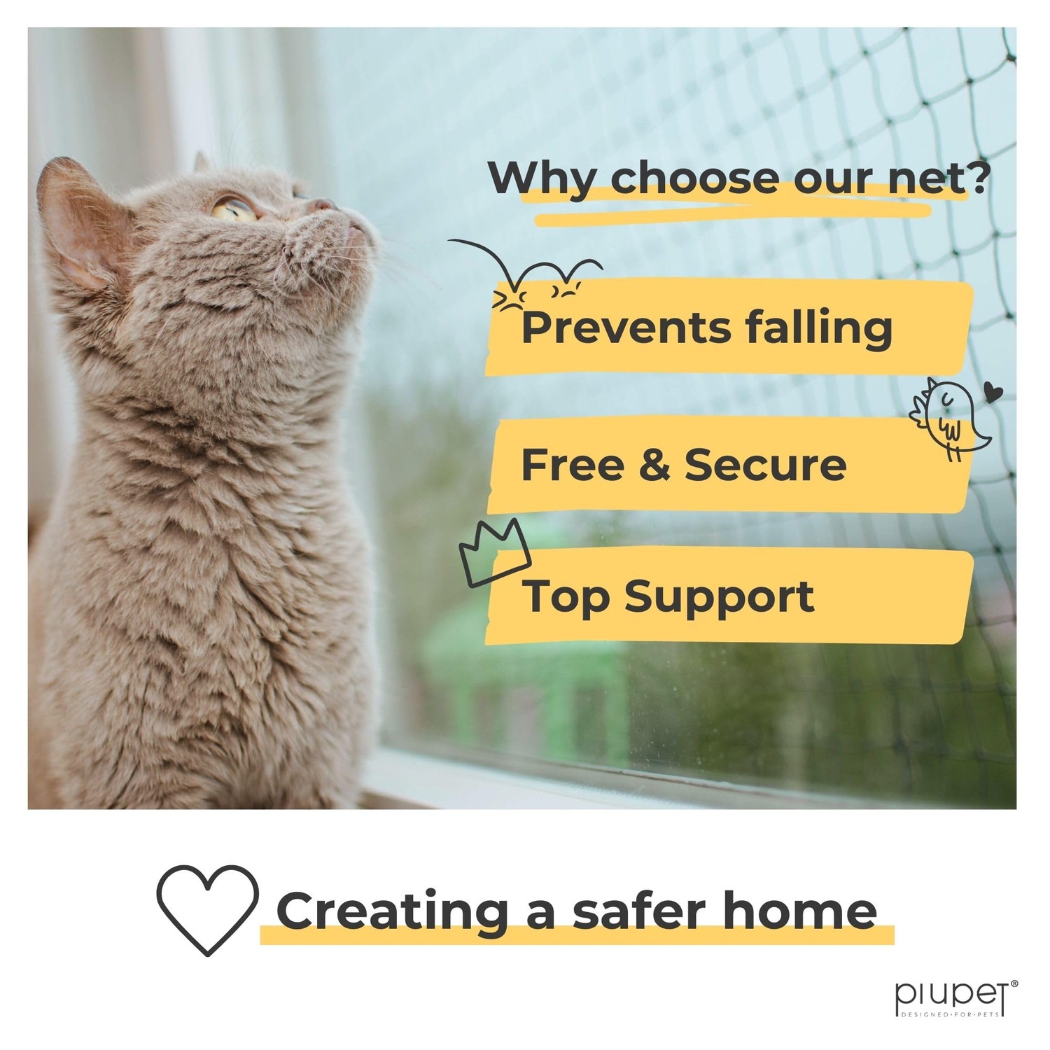 PiuPet Wire Reinforced Cat Safety Net 8m x 3m